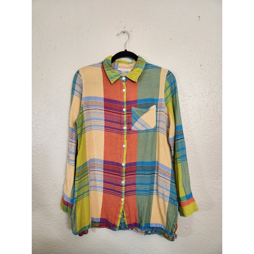 Soft Surroundings Women Multicolor‎ Plaid Embroidered Detail Button Down Shirt M